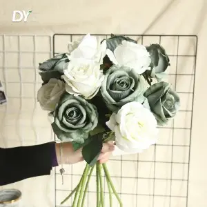Artificial Red Flowers Pearl Flannel Silk Roses Faux Bridal Wedding Bouquet for Home Garden Party Floral Decor