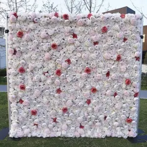 Custom 5D 3D White Rose Hydrangea Roll Up Cloth Flower Wall Wedding Decor Artificial Silk Rose Flower Panel Backdrop Flower Wall